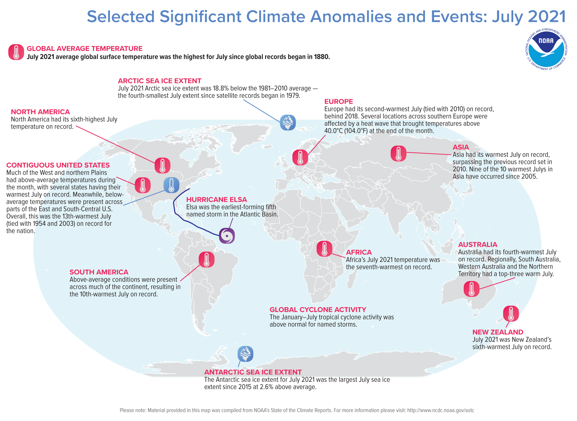 A map of the world plotted with some of the most significant climate events that occurred during July 2021. Please see the story below as well as more details in the report summary from NOAA NCEI at http://bit.ly/Global202107. 