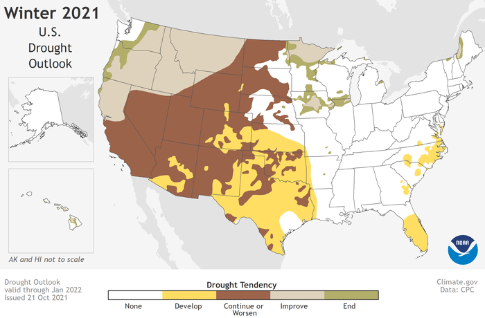 This seasonal U.S. Drought Outlook map for November 2021 through January 2022 predicts persistent drought across the West, Northern Plains, and the Missouri River Basin. Drought improvement is anticipated in the Pacific Northwest, northern California, the upper Midwest, and Hawaii.