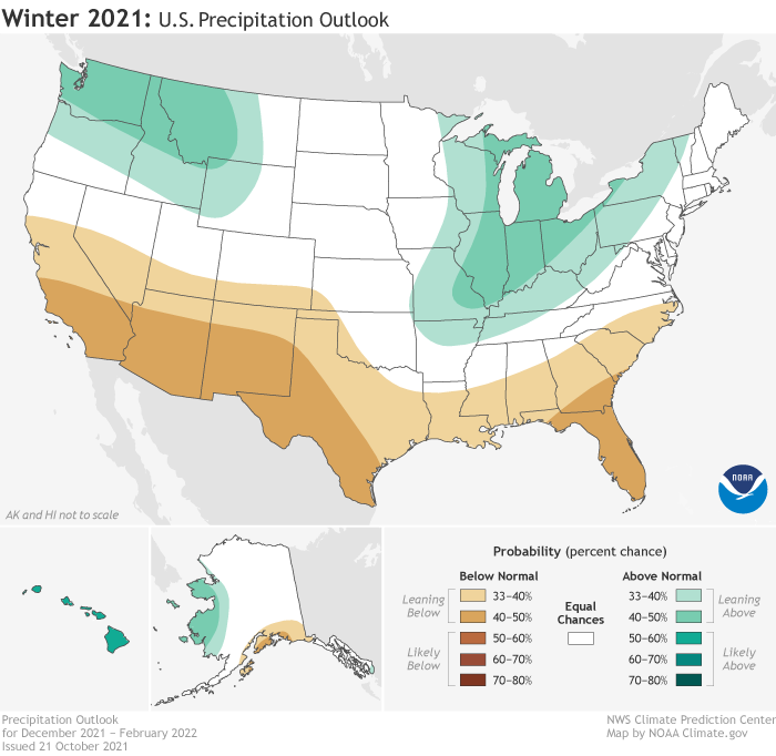 This 2021-2022 U.S. Winter Outlook map for precipitation shows wetter-than-average conditions are most likely in parts of the North, primarily in the Pacific Northwest, northern Rockies, Great Lakes, Ohio Valley and western Alaska. Drier-than-average conditions are favored in south-central Alaska, southern California, the Southwest, and the Southeast.