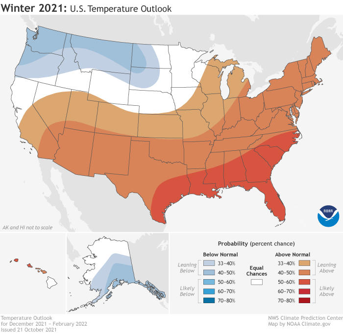 This U.S. Winter Outlook 2021-2022 map for temperature shows warmer-than-average conditions across the South and most of the eastern U.S., while below average temperatures are favored for southeast Alaska and the Pacific Northwest eastward to the Northern Plains. 