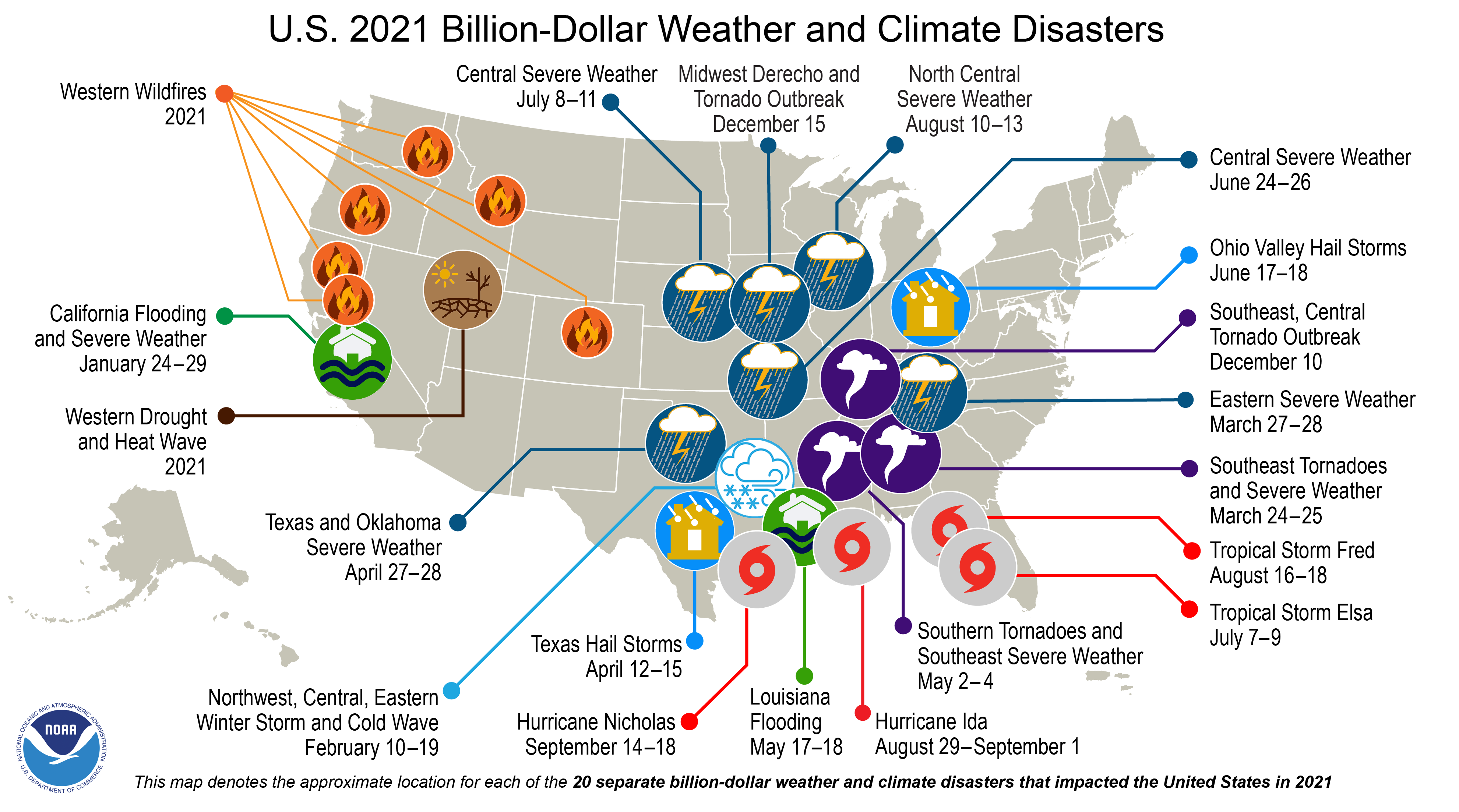Map showing the 20 separate billion dollar disasters from 2021.