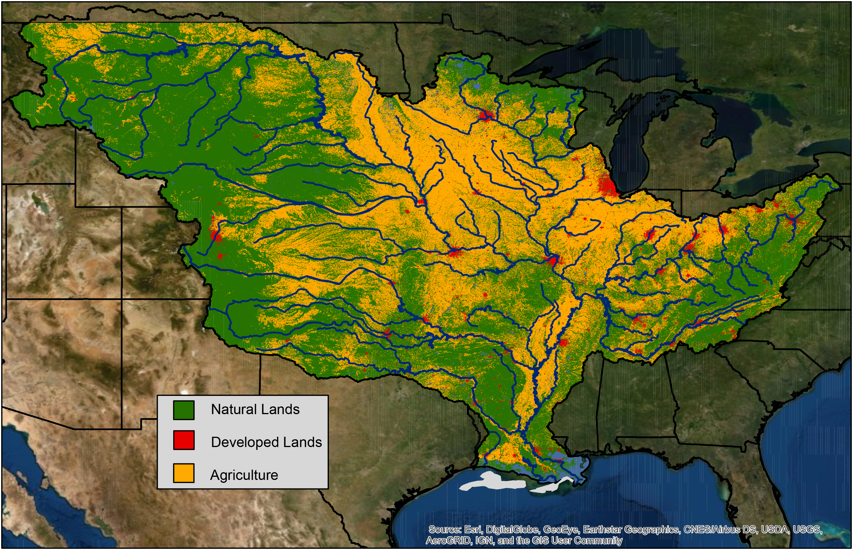 The Mississippi River watershed, which encompasses over 40% of the continental U.S and crosses 22 state boundaries, is made up of farms (yellow), cities (red), and natural lands (green). Nitrogen and phosphorus pollution in runoff and discharges from agricultural and urban areas are the major contributors to the annual summer hypoxic dead zone in the Gulf of Mexico (gray).