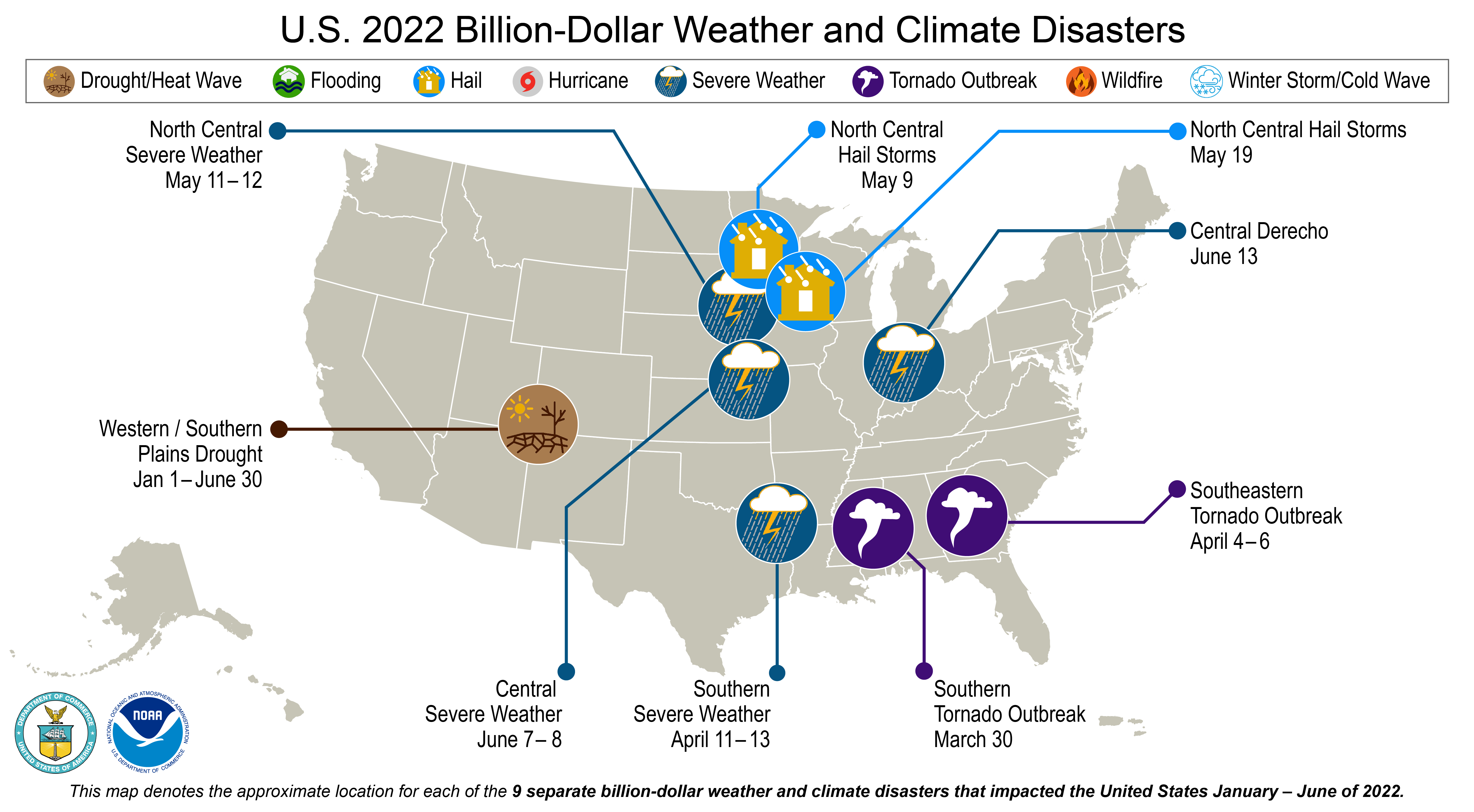 This U.S. map is plotted with nine billion-dollar weather and climate disasters that occurred in the first six months of 2022. 