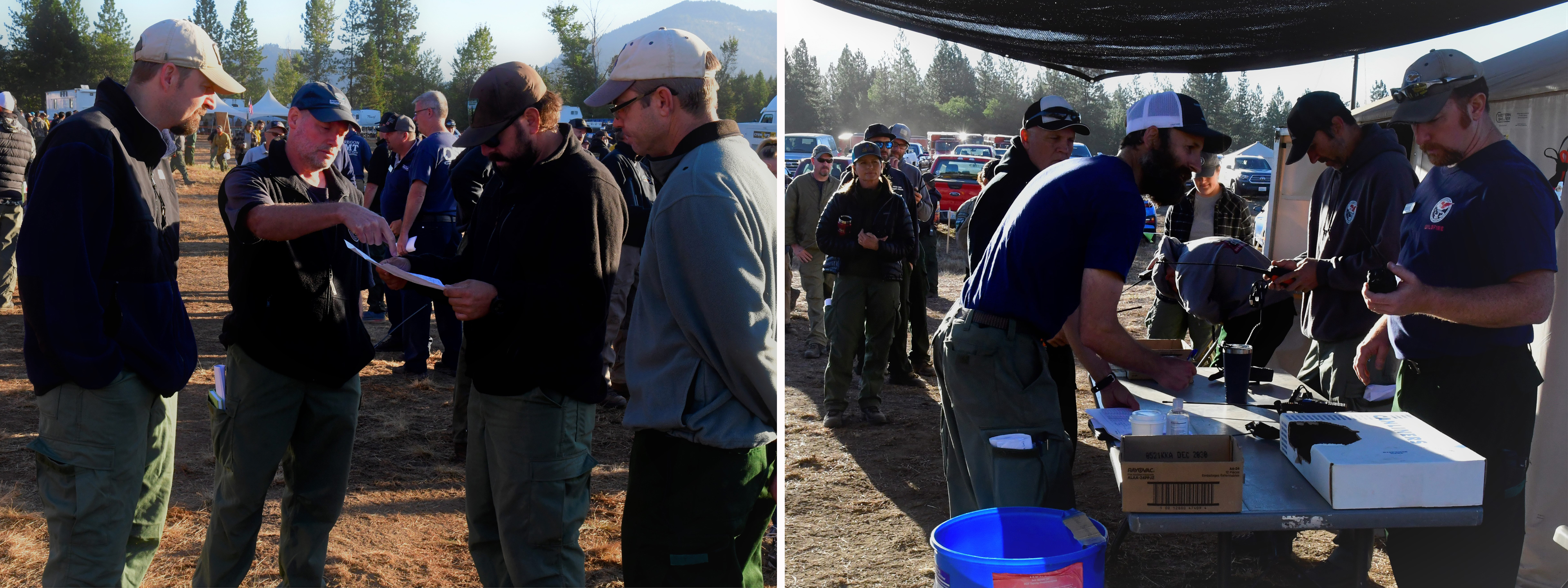 Left: briefing. Right: people wait in line for radios.
