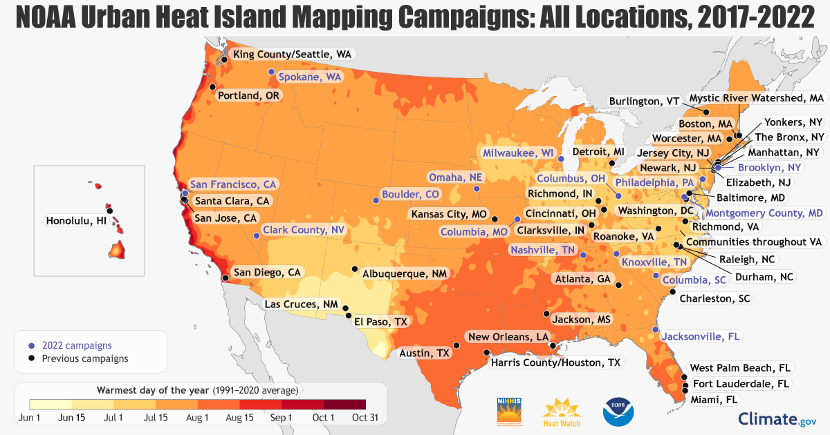 Map showing how NOAA, partners and citizen volunteers have conducted heat island mapping campaigns in more than 60 communities from 2017 to 2022. 