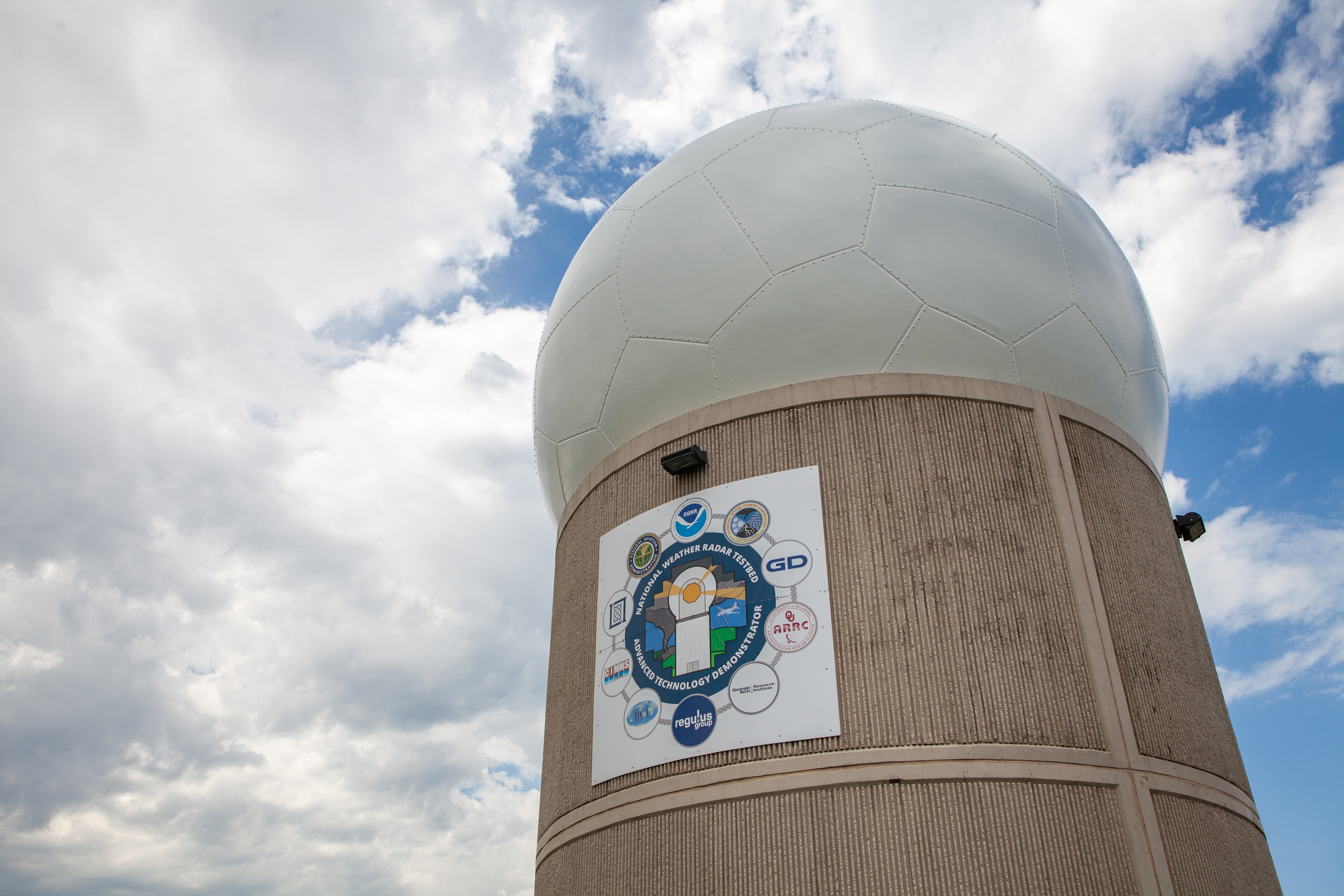 Installed at the National Weather Radar Testbed facility, the Advanced Technology Demonstrator, or ATD, is the first full-scale, S-band, dual-polarization phased array radar built from the ground up and designed specifically for use as a weather radar.  Photo credit: James Murnan/NOAA