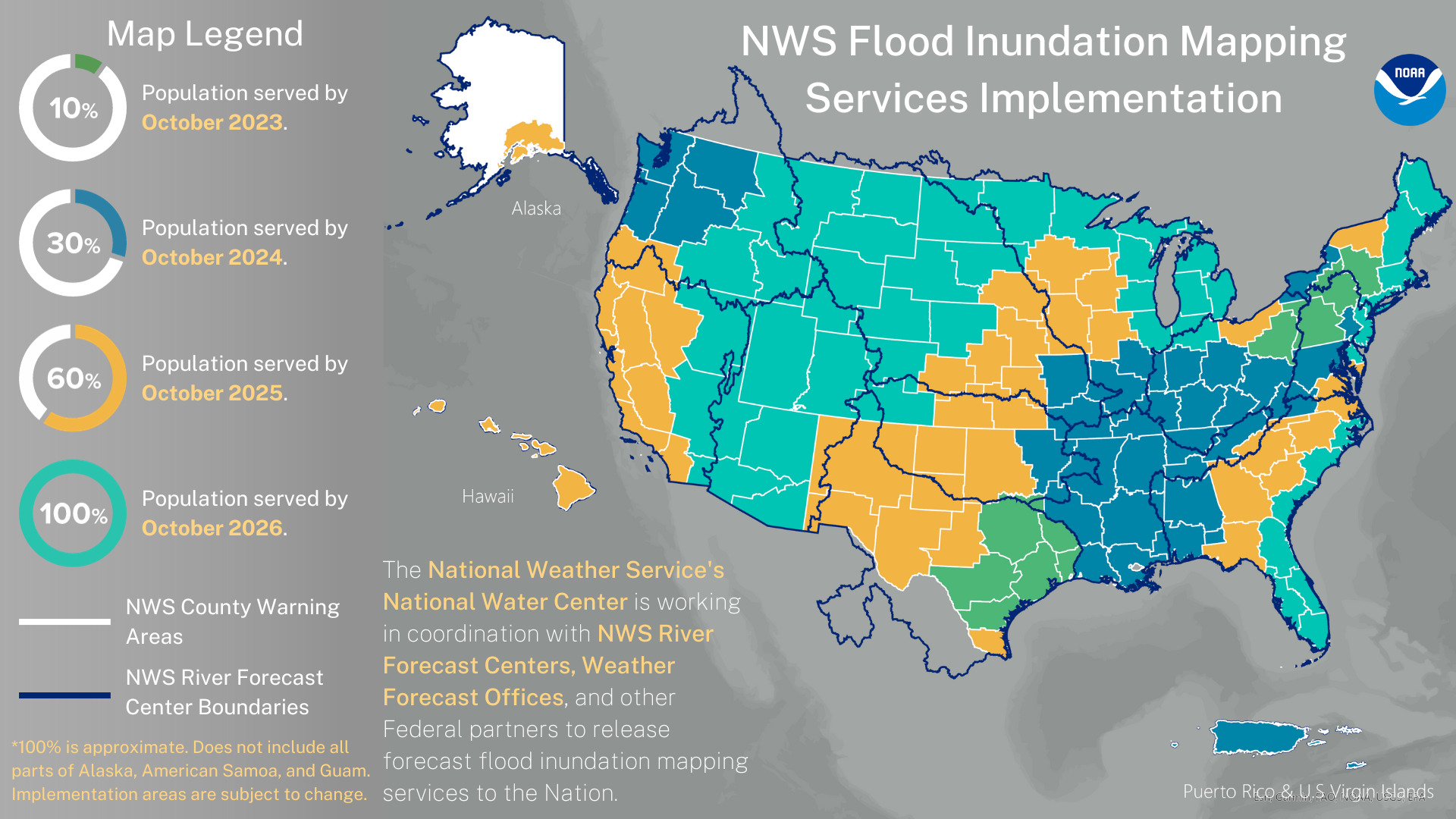 Image showing NOAA’s new experimental flood inundation maps that are currently available to 10% of the population, shown in green. These services will expand to nearly 100% of the population by 2026. Credit NOAA