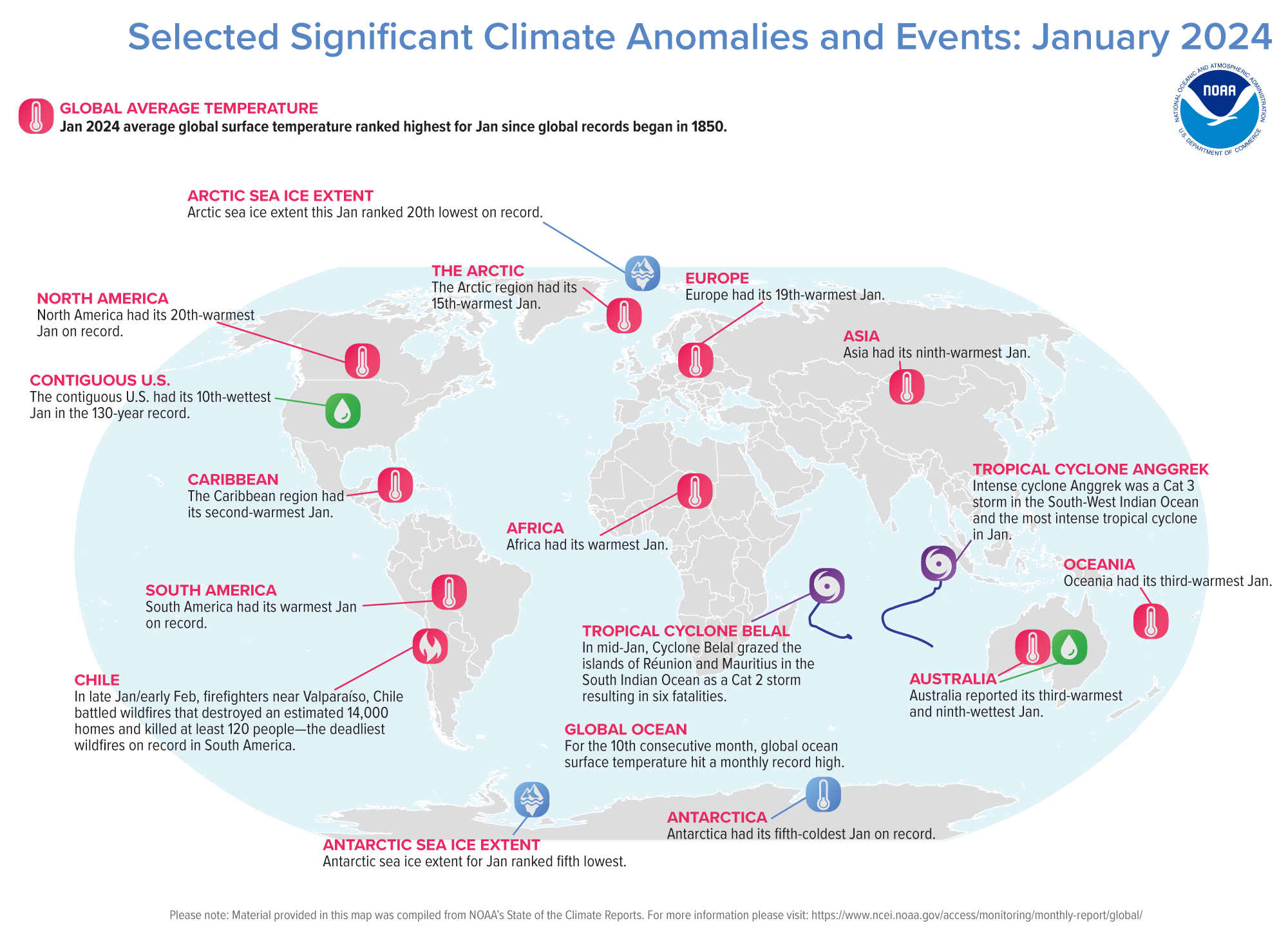 An annotated map of the world plotted with the January 2024's most significant climate events. Please see the story below as well as the report summary at http://bit.ly/Global202401.