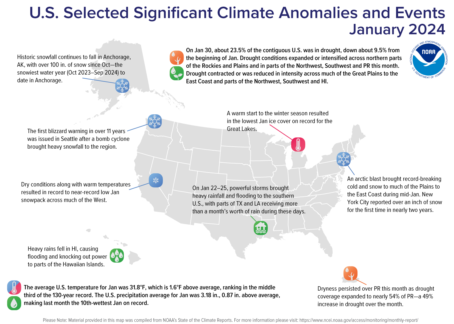A map of the U.S. plotted with significant climate events that occurred during January 2024. Please see the story below as well as more details in the report summary from NOAA NCEI at http://bit.ly/USClimate202401.