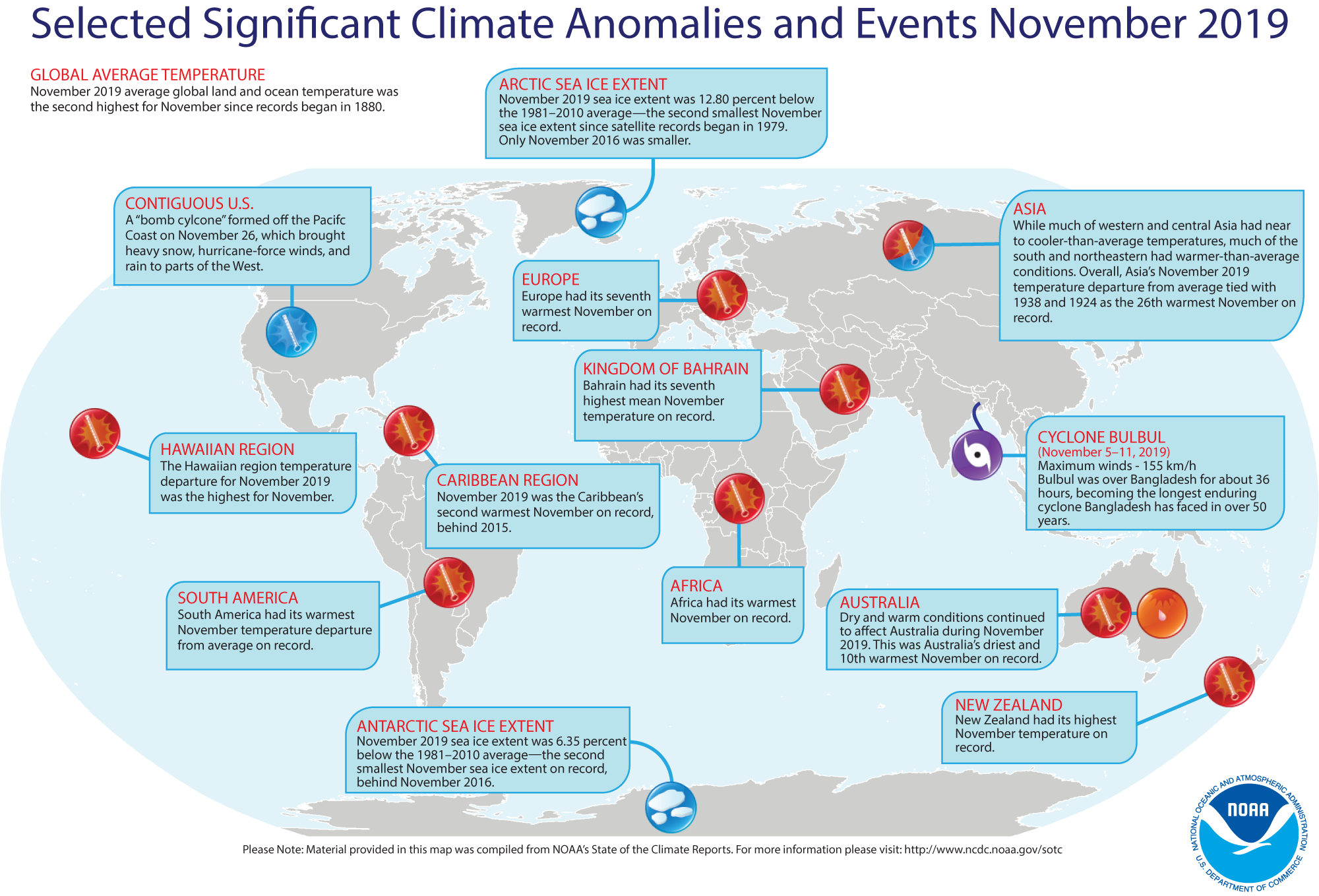 An annotated map showing notable climate events that occurred around the world in  November 2019. For details, see the short bulleted list below in our story and at http://bit.ly/Global201911.
