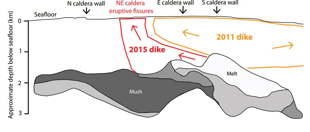 Cross-sections along the east side of the Axial Seamount caldera. Grey areas are gradients of melt and mush zones within the magma reservoir. Orange lines show extent of 2011 dike. Red lines show initial dike intrusion from the high-melt zone of the magma reservoir feeding the 2015 eruptive fissures in the NE caldera. 