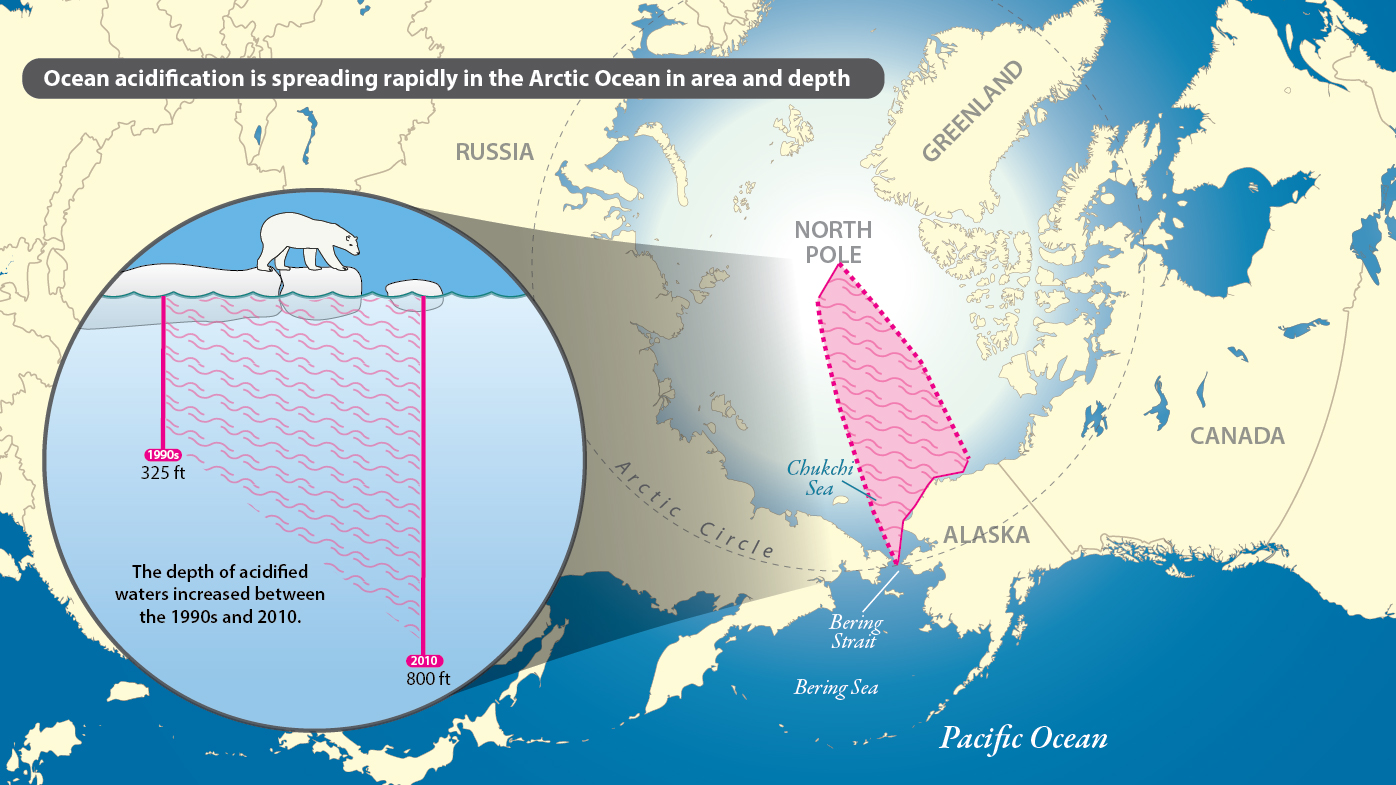 This map shows where ocean acidification is spreading in the Arctic Ocean, in area and depth.