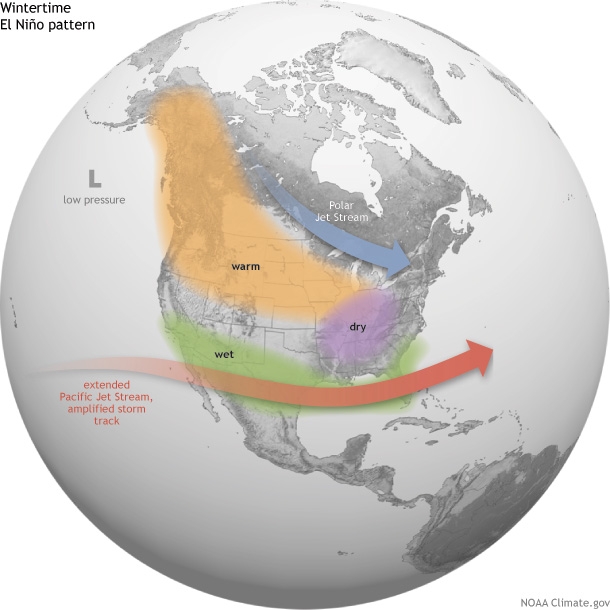 Average location of the Pacific and Polar Jet Streams and typical temperature and precipitation impacts during the winter over North America. 