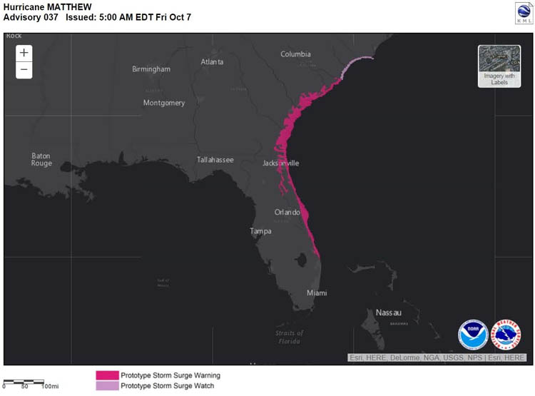 A Storm Surge Warning was issued for portions of the Atlantic coast due to Hurricane Matthew on October 7, 2016. 