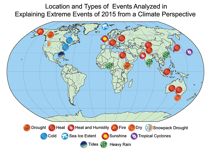 Location and types of events analyzed in explaining extreme events of 2015 from a climate perspective. 