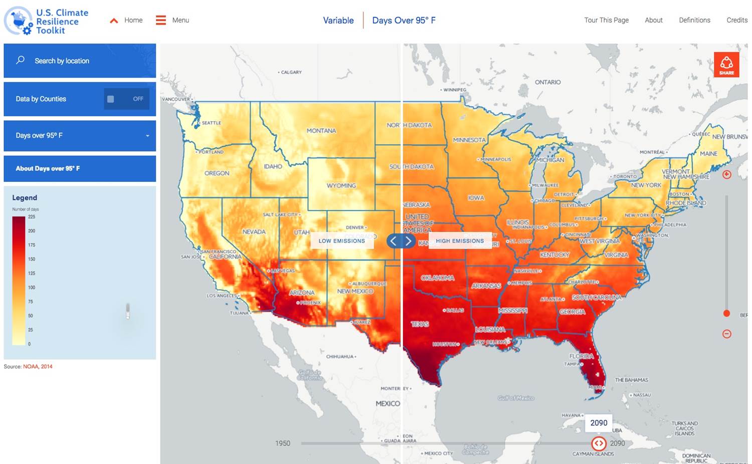 Climate Explorer tool lets users view how the number of days above 95 degrees F may change under future climate scenarios.