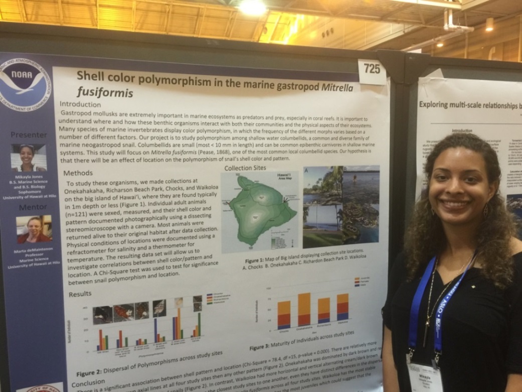 EPP/MSI USP Class of 2015 Scholar Mikayla Jones presenting her poster on shell color polymorphism of a marine gastropod.
