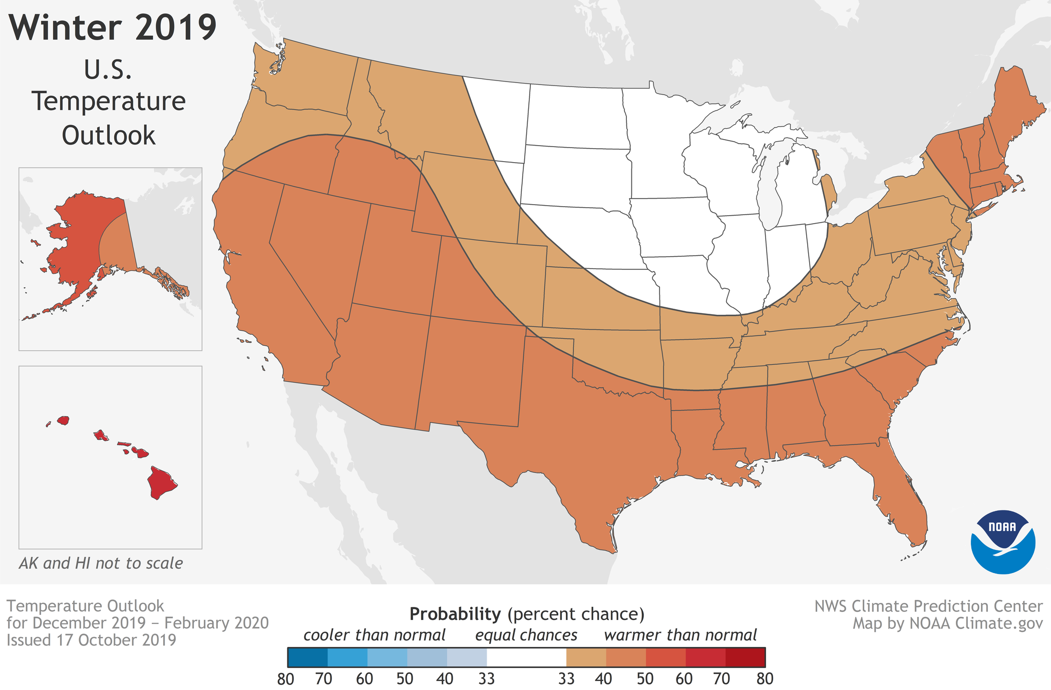 This 2019-20 Winter Outlook map for temperature shows warmer-than-average temperatures are likely for much of the U.S. this winter.