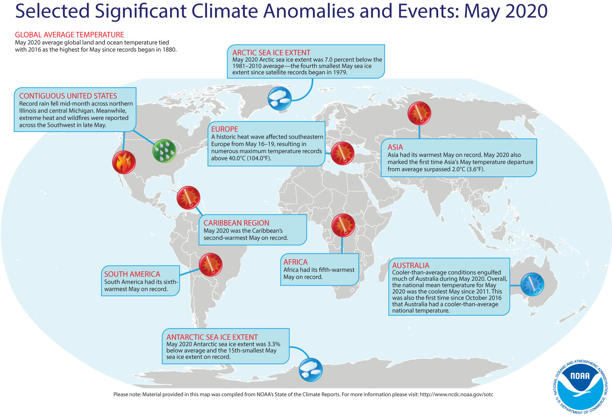 A map of the world noting some of the most significant weather and climate events that occurred during May 2020. For more details, see the bullets below in this story and at http://bit.ly/Global202005.