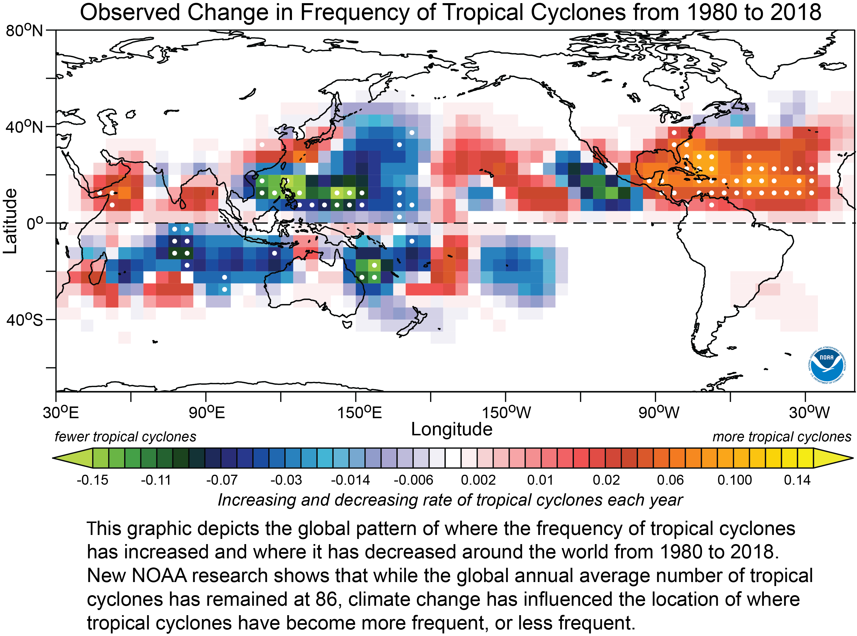 This graphic of a map of the world shows geographically where the frequency of tropical cyclones have increased and decreased from 1980 to 2018. According to new NOAA-led research, climate change has influenced the locations of where tropical cyclones and hurricanes hit.