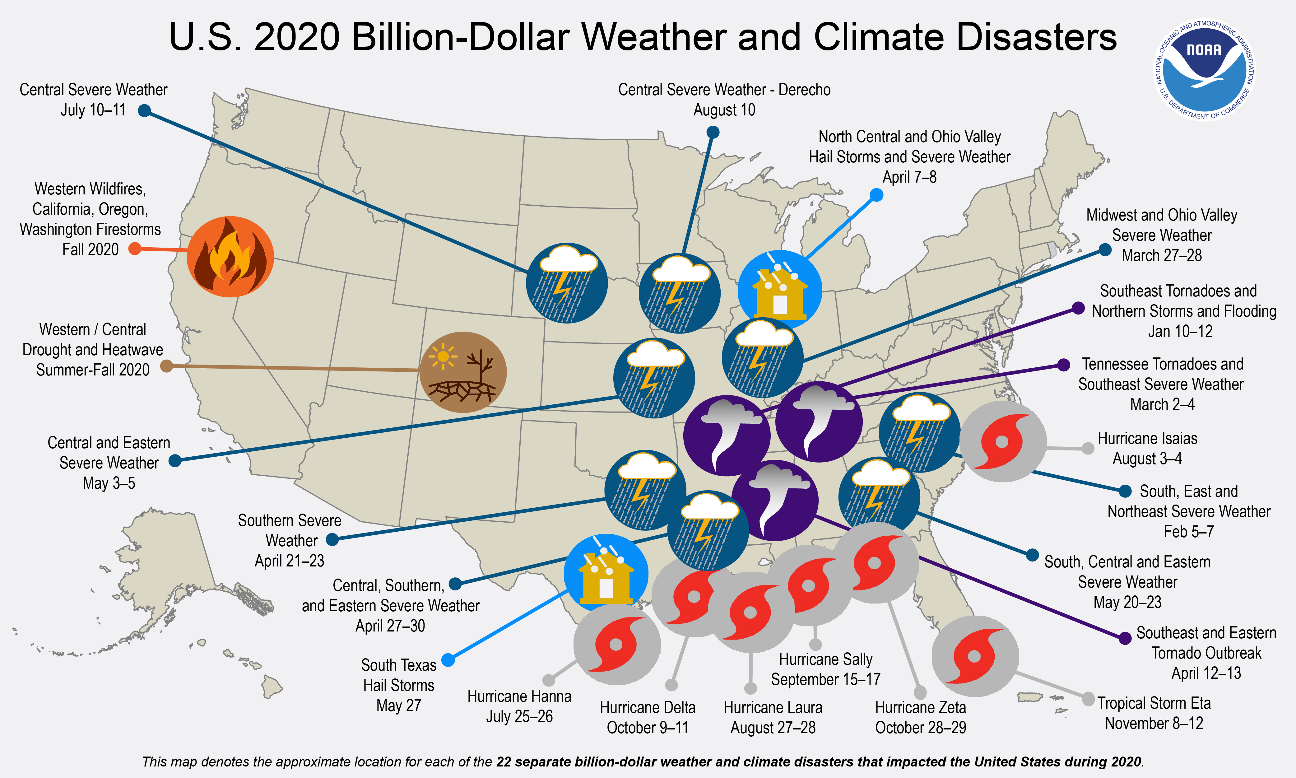 A map of the United States depicting a record-breaking 22 billion-dollar weather and climate disasters that stuck the country in 2020. (See article text below as well as the NCEI report for details about each event located at https://www.ncdc.noaa.gov/billions)