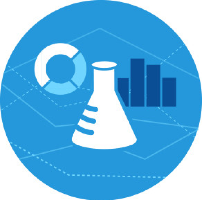 Icon feature a beaker and graph to represent research