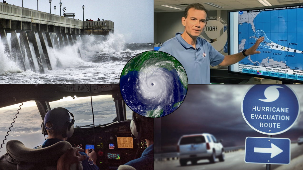 Collage depicts hurricane storm surge, Acting NOAA National Hurricane Center Director Jamie Rhome presenting a forecast, evacuation route sign and Hurricane Hunter pilot flying into a storm.
