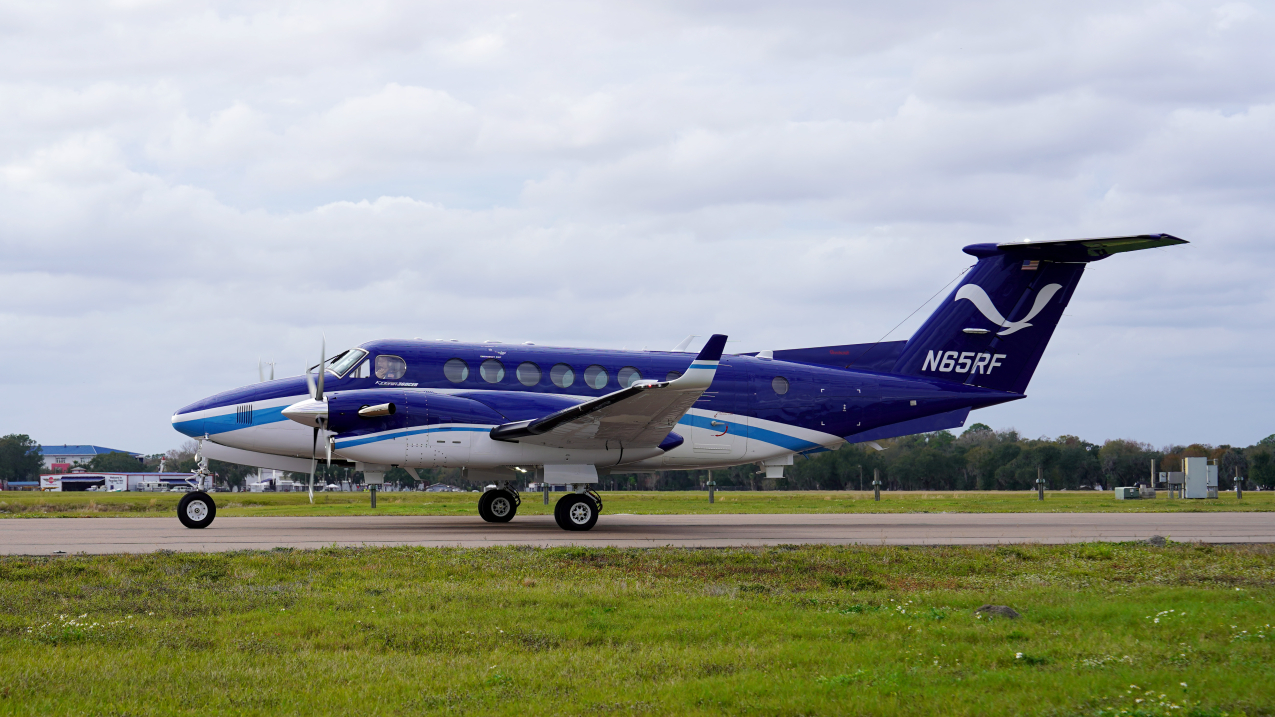 Photo of NOAA Beechcraft King Air N65RF as it taxis to the NOAA Aircraft Operations Center upon arrival in Lakeland, Florida. Credit: Sophie Talbert, NOAA