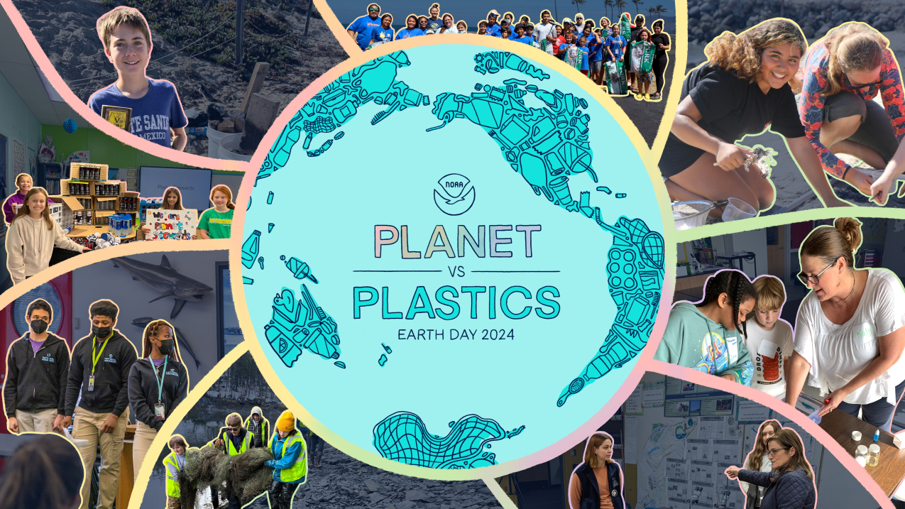 A doodled graphic of the Earth with plastic trash forming the land masses. The Earth has the text “Planet vs. Plastics Earth Day 2024” on it. Around the Earth are images of participants of education programs including students cleaning up trash from beaches and learning in classrooms. 