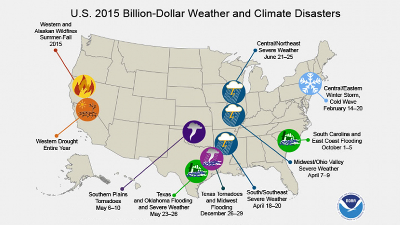 DISASTER AREAS: The locations and types of weather and climate disasters seen in the United States in 2015 that each exceeded $1 billion in losses.