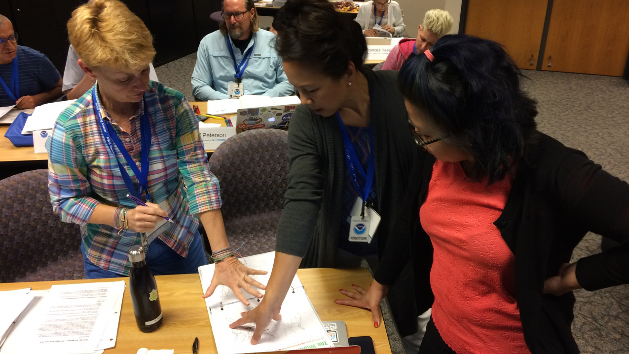 Teachers doing the "hand-twist model" activity to better understand flow about high and low pressure systems as part of the long-term partnership between AMS and NOAA.