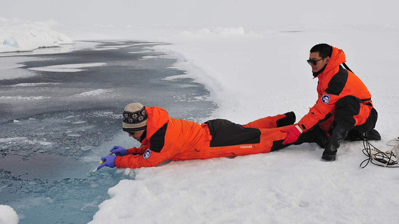 University of Delaware researcher Baoshan Chen (pictured left) takes water samples from a melting pond on ice in the northern Arctic Ocean basin with a Chinese collaborator.
