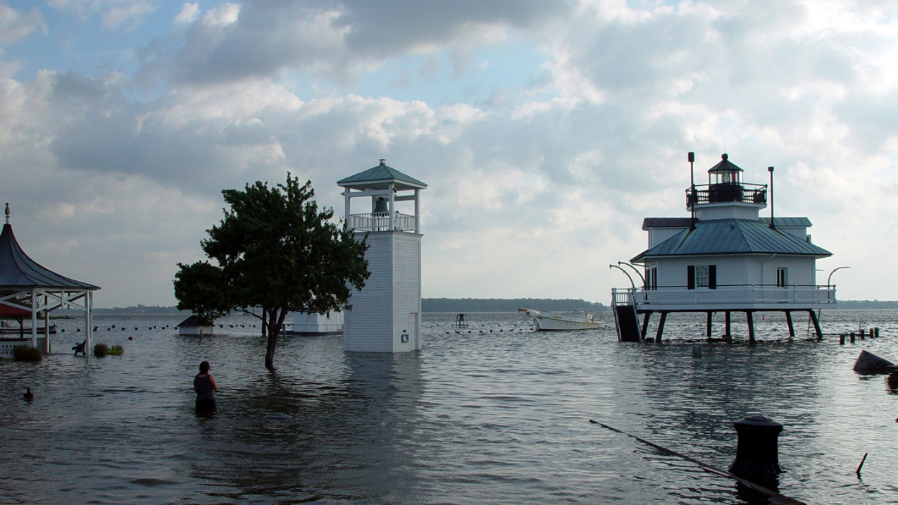 Flooding at the Hooper Strait Lighthouse in St. Michaels, Maryland, due to heavy rain and storm surge after the eye of Hurricane Isabel passed south of Chesapeake Bay on Sept. 11, 2003. 