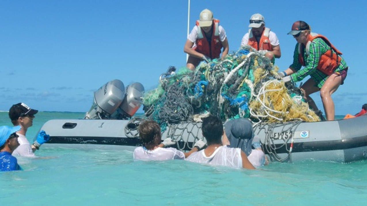 NOAA removed approximately 57 tons of derelict fishing nets and plastic litter from the Papahānaumokuākea Marine National Monument (link is external)'s tiny islands and atolls, sensitive coral reefs and shallow waters. 