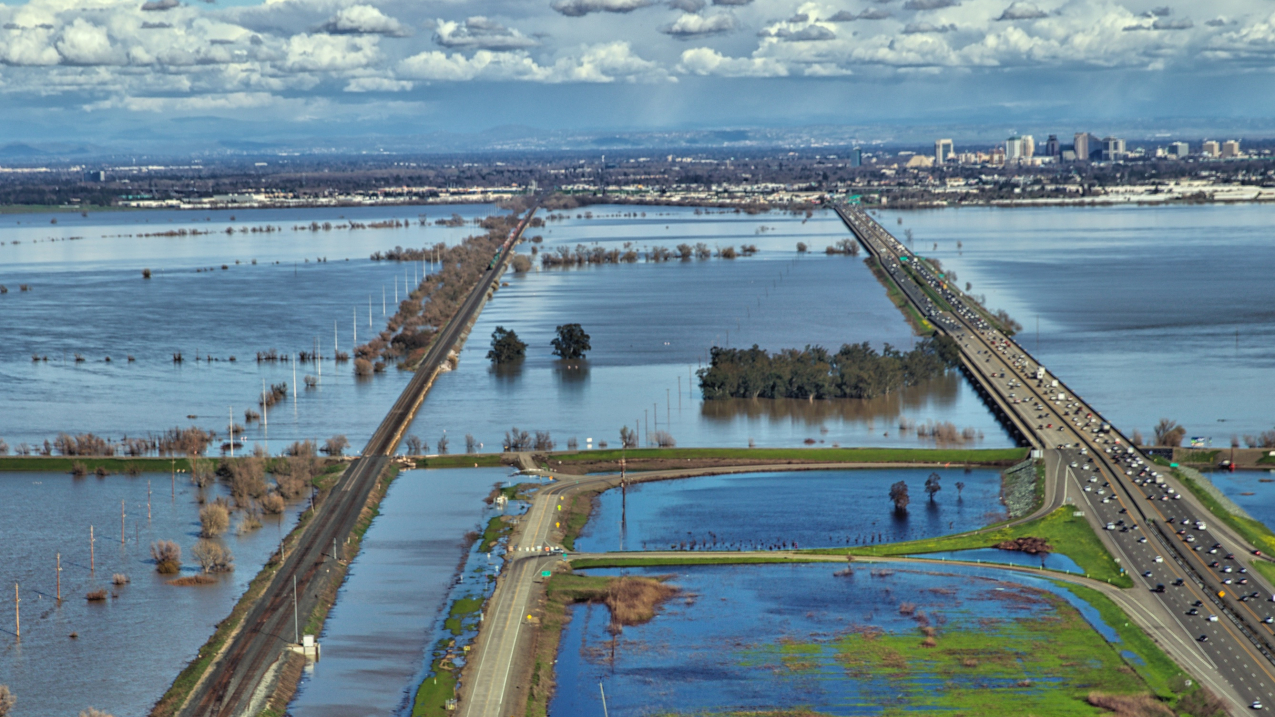 High water spills out of the Yolo flood bypass near Sacramento, February 23, 2017. California had its 2nd wettest winter on record, resulting in extensive flooding in many river valleys and record snowfall in mountain areas. 