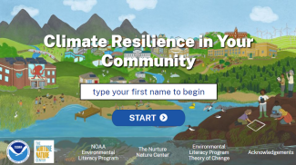 Screenshot of the first page of the Climate Resilience in Your Community eBook. It features a illustration of a community and says, "Type for your first name to begin" above a start button. 