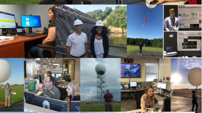 Collage of images of teens and young adults working with the National Weather Service, including launching weather balloons, touring airports, presenting research posters, working at computers, and taking notes on weather damage.