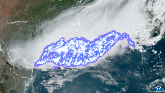 Lightning as seen from the Geostationary Lightning Mapper on NOAA's GOES-16 satellite from April 29, 2020. One of the lightning flashes within this thunderstorm complex was found by the World Meteorological Organization to be the longest flash on record that covered a horizontal distance of 477 miles.
