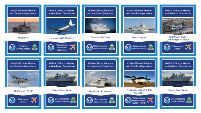 An assortment of trading cards featuring NOAA ships and airplanes. 