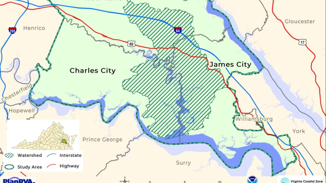 A map labeled Lower Chickahominy - Watershed. Charles City, James City, and New Kent are highlighted within the study area where watersheds are present.