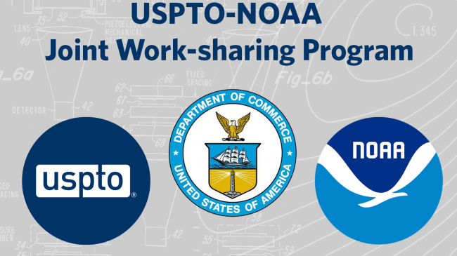 Illustration showing logos for the U.S. Patent and Trademark Office, Department of Commerce and NOAA.
