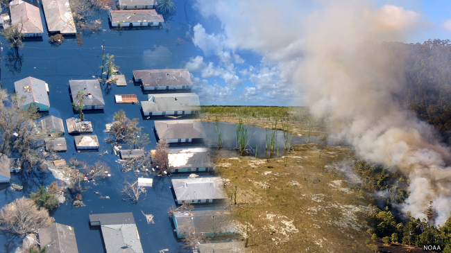 This collage depicts floods and wildfires, which have been increasing in the United States and globally, fueled by climate warming. The Department of Commerce and NOAA have announced new funding from President Biden’s Bipartisan Infrastructure Law that will help communities develop greater resilience and adaptation to address floods and wildfires. 