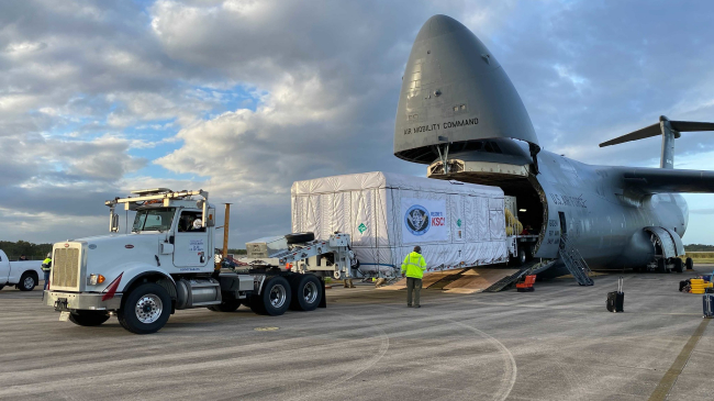 The GOES-T satellite arrives at Kennedy Space Center ahead of its March 2022 launch.