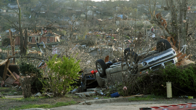 Homes damaged by a tornado are seen on March 31, 2023 in Little Rock, Arkansas. Tornados damaged hundreds of homes and buildings across a large part of Central Arkansas.  (Photo by Benjamin Krain/Getty Images)