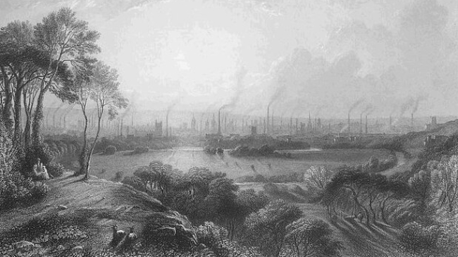 The Industrial Revolution transformed the textile industry in England. This engraving by Edward Goodall (1795-1870), originally titled "Manchester, from Kersal Moor," after a painting of W. Wylde, shows numerous industrial chimneys in the town of Manchester, England, which earned the nickname "Cottonopolis," following its transformation. 
