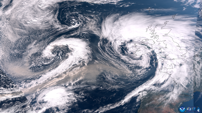 On September 27, 2023, the VIIRS instrument onboard NOAA’s JPSS satellites captured this GeoColor imagery of Canadian wildfire smoke being pulled across the Atlantic Ocean by two areas of low pressure—one swirling system can be seen in the left of this image and the other, deemed Storm Agnes by the UK Met Office, is on the right near Ireland and the United Kingdom. GeoColor imagery provides a close approximation to what you would see with your naked eye from outer space.