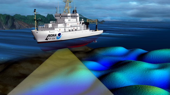 An illustration depicting a NOAA ship conducting a hydrographic survey using sonar.