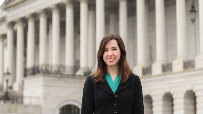 Lauren Gibson stands in front of the United States Capitol building. During her year as a Knauss fellow with NOAA’s Office of Education, she prepared and staffed 12 Congressional briefings, helping Senate and House staff learn about the impact that NOAA Education has in their states and districts.
