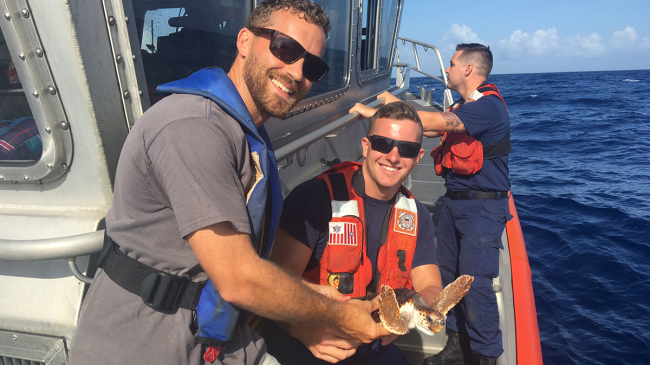 NOAA Fisheries’ scientists and the Florida Fish and Wildlife Conservation Commission staff release one of 215 sea turtles into the Atlantic Ocean, off the coast of Floriday, June 22, 2017.