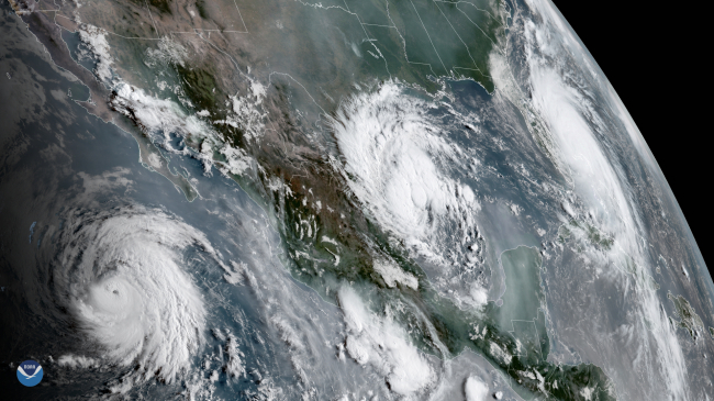A view from GOES-17 of three tropical systems in the eastern Pacific and Atlantic basins in September 3, 2019. From left to right: Hurricane Juliette, Tropical Depression 7 and Hurricane Dorian.  